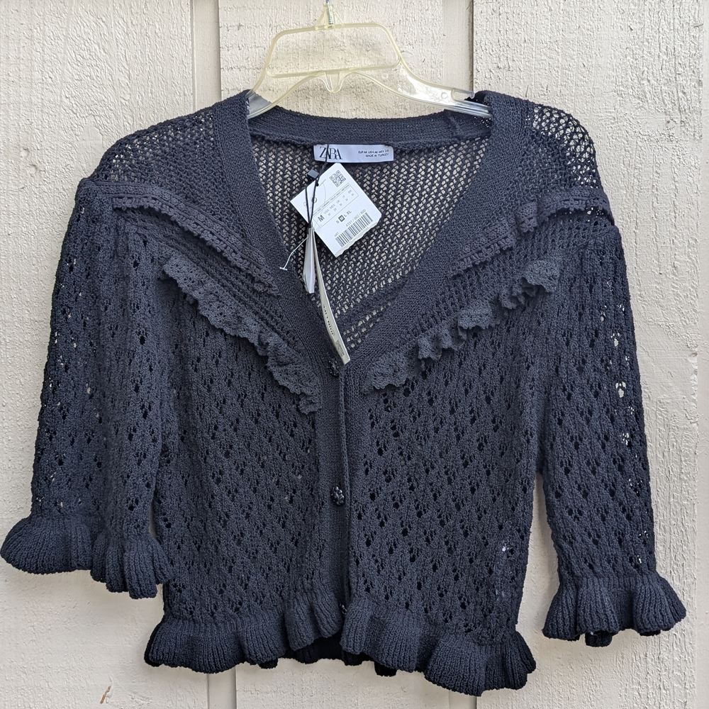 Zara Black Cardigan with Ruffled Sleeves and Knitted Texture
